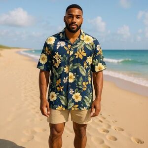 Iolani Navy Yellow Tropical Floral Hawaiian Button Front Shirt Men's Size XL